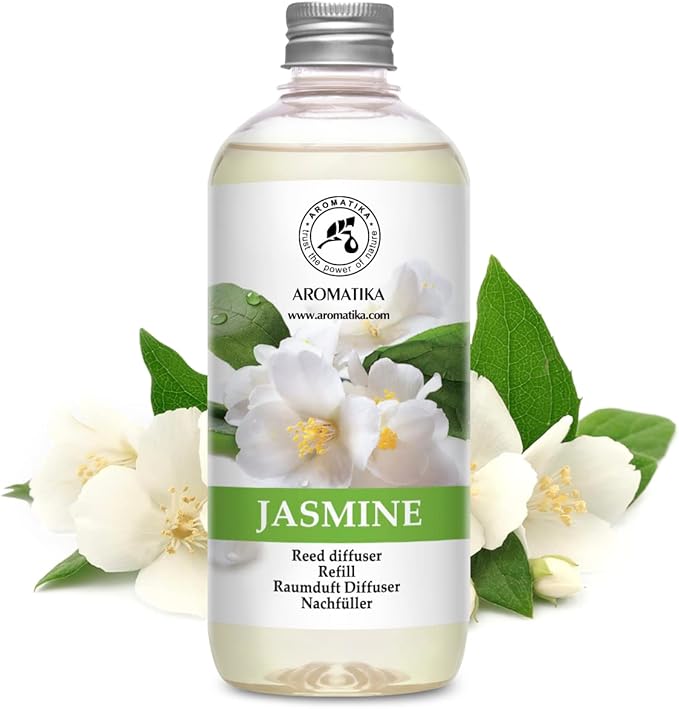 Jasmine Reed Diffuser Refill w/Natural Essential Jasmine Oil 17 Fl Oz - Fresh & Long Lasting Fragrance - Scented Reed Diffuser Oil Refill - Best for Aromatherapy - SPA - Home