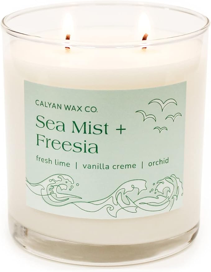 Calyan Wax Co. Sea Mist & Freesia 2 Wick Scented Candle - 37 Hour Burn - Luxury Non Toxic Soy Wax Candles - Long Lasting Large Glass Jar Candle for Home - 8.8oz