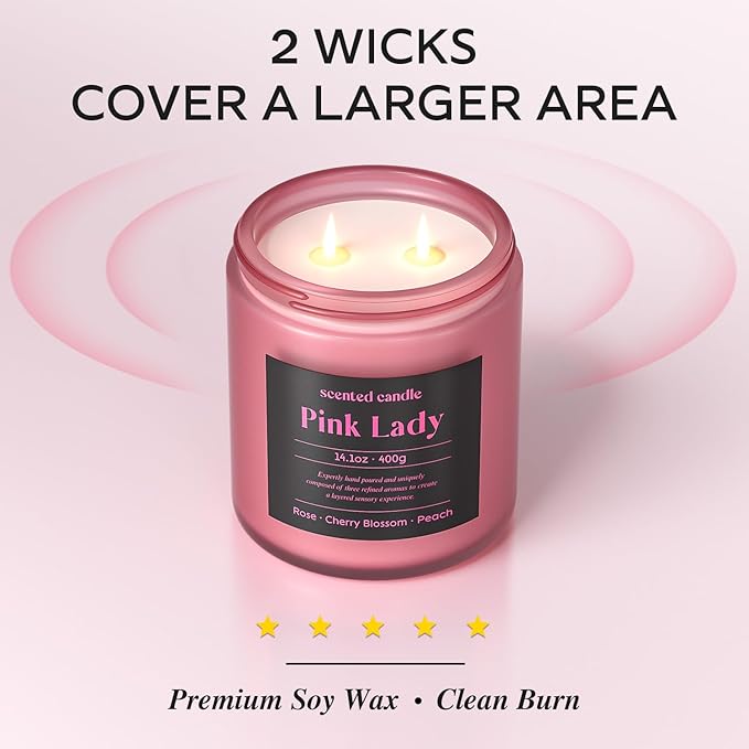 Candles for Women, 14.1 oz Scented Candles for Home, 2 Wicks Blended Scents Birthday Candles Gifts for Mom, Wife, Teachter, Girlfriend (Rose+Cherry Blossom+Peach)