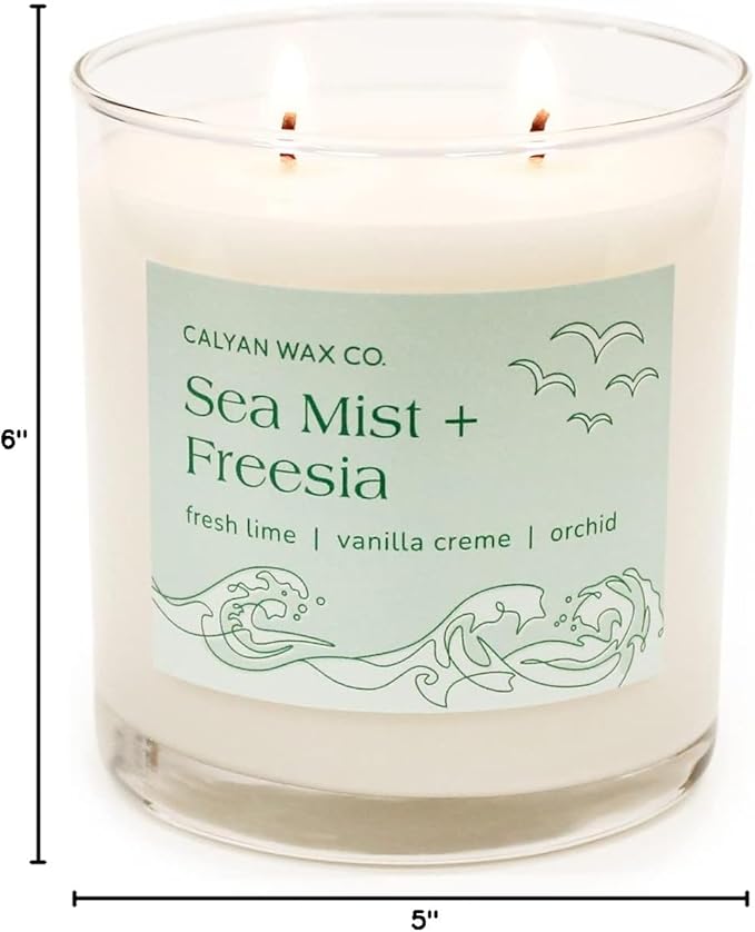 Calyan Wax Co. Sea Mist & Freesia 2 Wick Scented Candle - 37 Hour Burn - Luxury Non Toxic Soy Wax Candles - Long Lasting Large Glass Jar Candle for Home - 8.8oz