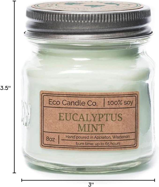 ECO CANDLE CO. Mason Jar Candle, Eucalyptus Mint, 8 oz. - Scents of Eucalyptus, Spearmint, & Peppermint - 100% Soy Wax, No Lead, Kraft Label & Antiqued Pewter Lid, Hand Poured, Midwest Grown Soybeans