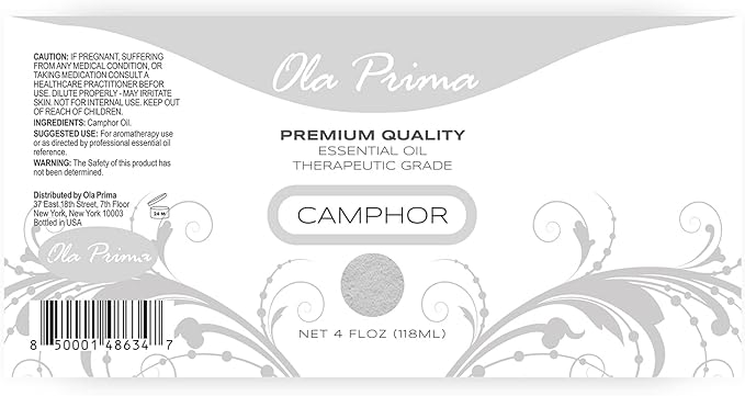 Ola Prima Oil of Youth Camphor Essential Oil - Therapeutic Grade for Aromatherapy, Diffuser, Lymphatic Massage, Hair, Skin - Dropper - 4 fl Ounce