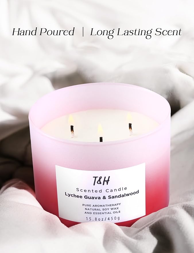 Lychee Guava Sandalwood 3-Wick Soy Scented Candle, 15.8 oz Large | Tropical Fruity Candle for Home | Aromatherapy Candle | Highly Scented, Clean Burning, Long Lasting