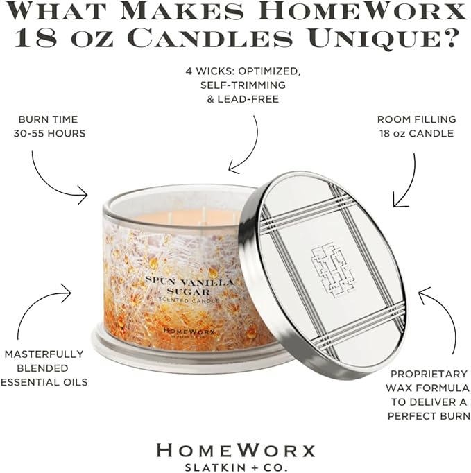 HomeWorx by SLATKIN + CO. Candle- Spun Vanilla Sugar, 18 oz. Premium Scented Candle - 30-55 Hours Burn Time