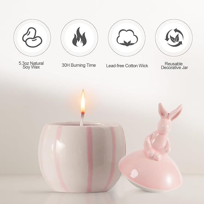 Easter Bunny Candle with Egg Jar and Lid, Easter Decorations Cute Pink Rabbit Aromatherapy, Ceramic Egg Candles for Spring Home Decor, Decorative House Warming Candle Gifts for Friends Women