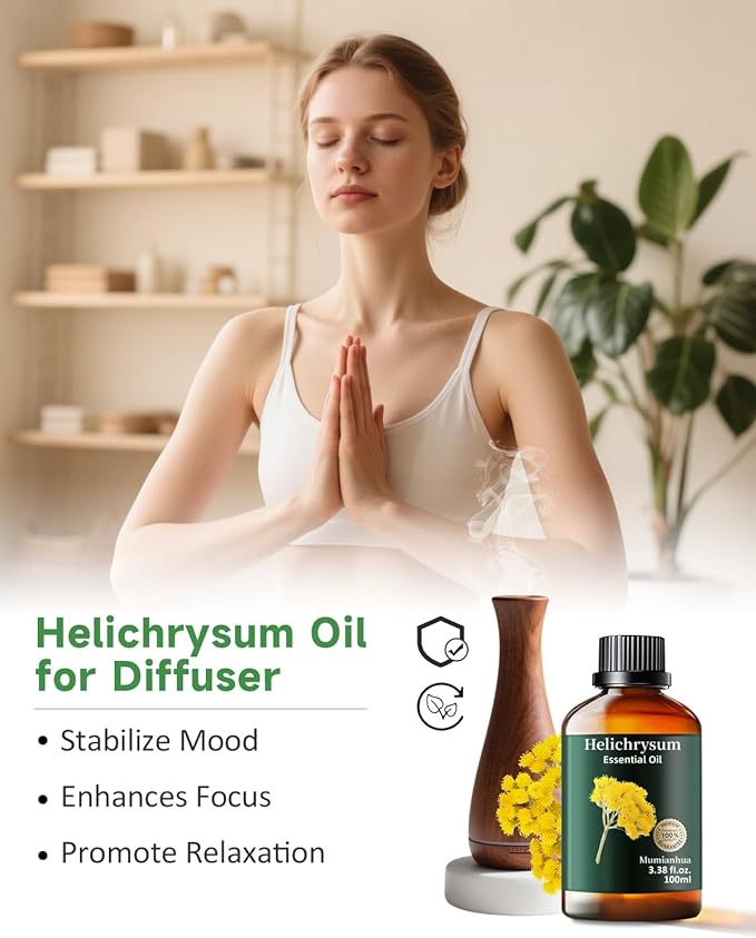 Helichrysum Essential Oil Pure, Mumianhua Natural Helichrysum Oil for Reed Diffusers, Home Humidifiers, Skin, Hair, Massage, DIY, Self-Care, Aromatherapy, Soap, Candle Making 3.38 Fl oz
