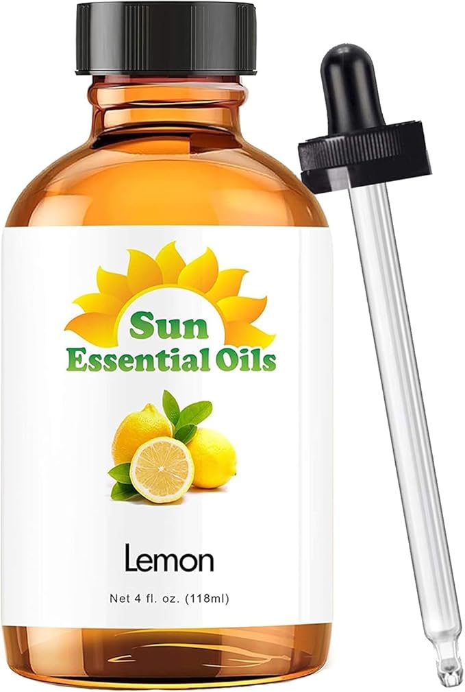 Sun Essential Oils - Lemon Essential Oil 4 oz for Cleaning, Diffuser, Humidifier & Aromatherapy Body Massage, Lemon Fragrance Scent for Home Candle Making with Dropper