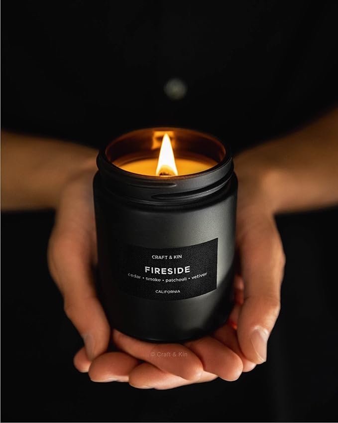Craft & Kin Premium Smoky Fireside Candle | Christmas Scented Candles for Men | Men Candles with Wood Wicked | Long Lasting with 45 Hour Burn Time - 7.6oz