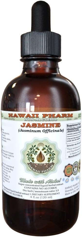 Jasmine Alcohol-Free Liquid Extract, Organic Jasmine (Jasminum officinale) Dried Flower Glycerite Hawaii Pharm Natural Herbal Supplement 2 oz