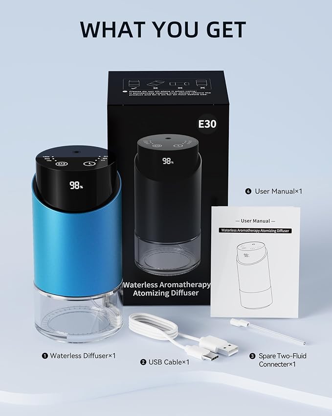 Waterless Essential Oil Diffuser Aromatherapy Scent Diffusers for Home Large Room, Car, Office, Desk, Mini Battery Operated Cordless Air Freshener, 4 Timers & 3 Mist Levels, 100ml Capacity (Blue)
