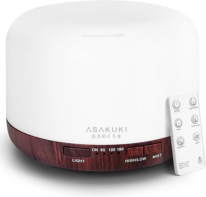 ASAKUKI Essential Oil Diffuser for Home, 500ml Aromatherapy Fragrant Oil Humidifier Vaporizer, 7-Color Light and Auto-Off Safety Switch Reddish-Brown
