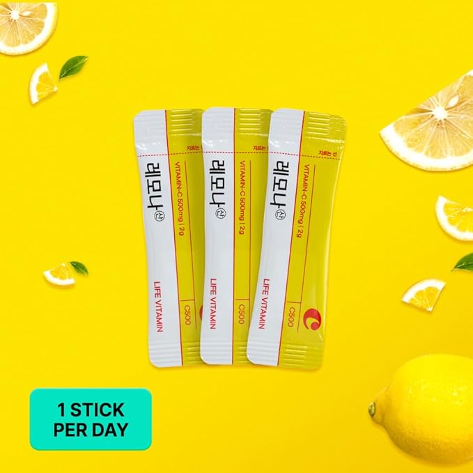 LEMONA Official Vitamin C Powder 500mg Korean Supplements Immune Support B6, B2, On-The-Go Packets Vitamin Healthy Living, Easy to Take Daily Energy Boost Korean Food Snacks Lemon (120Sticks)