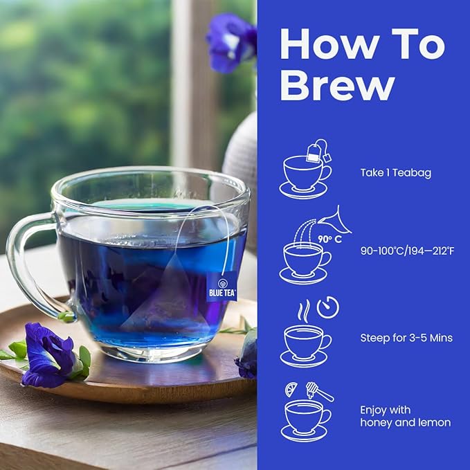 BLUE TEA - Butterfly Pea Flower Tea - Ashwagandha - 10 Count - Pyramid Plant Based Tea Bag | ANTIOXIDANT RICH | Caffeine Free - Flower Based - Herbal Tea - Non Bitter | Zipper Pack