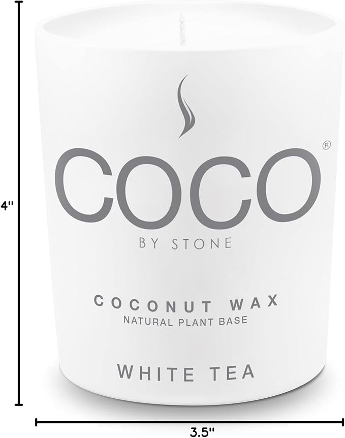 COCO by Stone 11oz Candle, Coconut Apricot Wax Candle for Home (White Tea) Home Fragrance Products, 1 Wick Candle, Enhance Indoor Aroma, Vegan & Cruelty-Free, Clean Burning and Hand Poured Candle