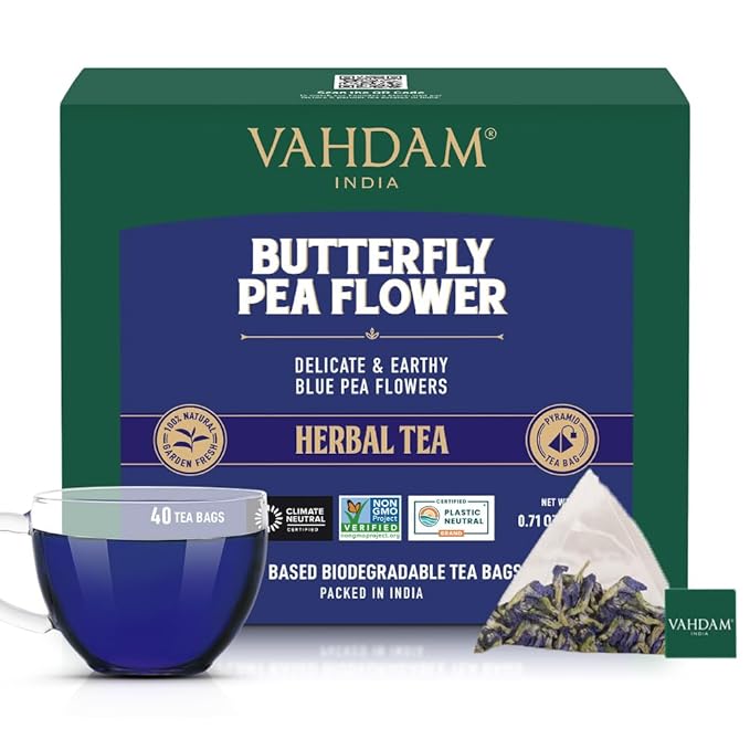 VAHDAM, Butterfly Pea Flower Tea Bags (40 Pyramid Teabags) Vegan, Non-GMO | Delicate & Earthy | Direct From Source - Plant Based Biodegradable Tea Bags | Brew Iced Tea, Cooking, Mocktails & Cocktails