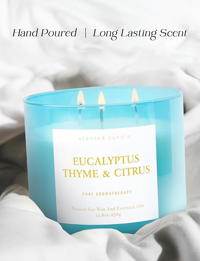 Eucalyptus Thyme Citrus 3-Wick Soy Scented Candle, 15.8 oz Large | Scented Candles for Home | Spa Aromatherapy Eucalyptus Candle