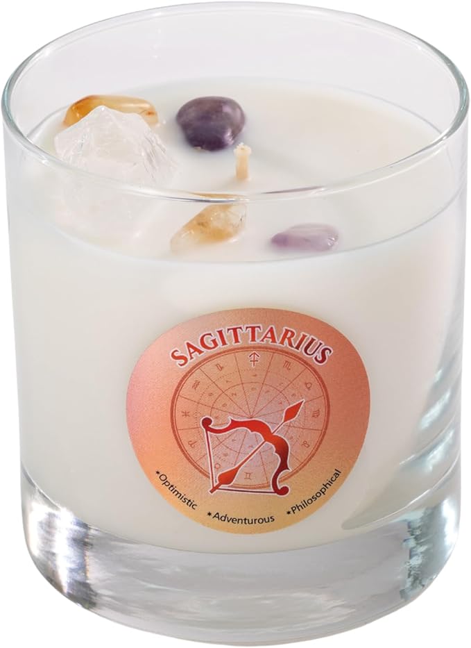 Luxury Glass Jar Candle, Sagittarius Zodiac Sign, 8.8 oz - Crystal Infused - Scents of Scent:Pomegranate, Peppercorn, Cedar, & Patchouli - Coconut-Soy Wax, Essential Oil, Dr. Developed