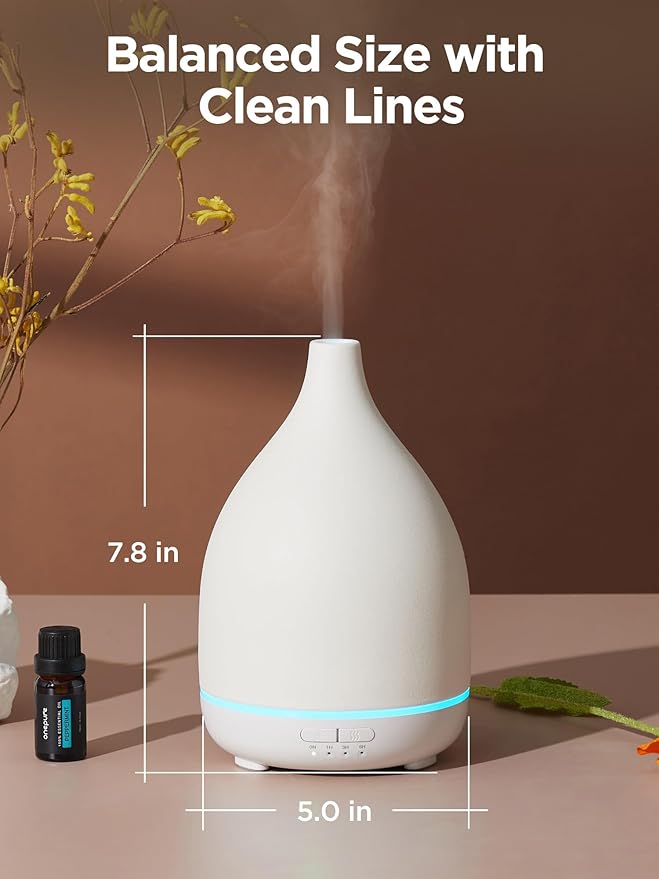InnoGear Oil Diffuser, 300ML Ceramic Diffuser for Essential Oils Handcrafted Aromatherapy Diffuser Ultrasonic Cool Mist Humidifier with 4 Timers Waterless Auto Off for Room Office, White Base