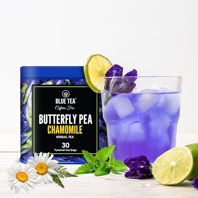 BLUE TEA - Butterfly Pea Flower Tea - Chamomile - 30 Count - Pyramid Plant Based Tea Bag | ANTIOXIDANT RICH | Caffeine Free - Flower Based - Calming Tea - Non-Bitter - Non-GMO | Tin Packaging