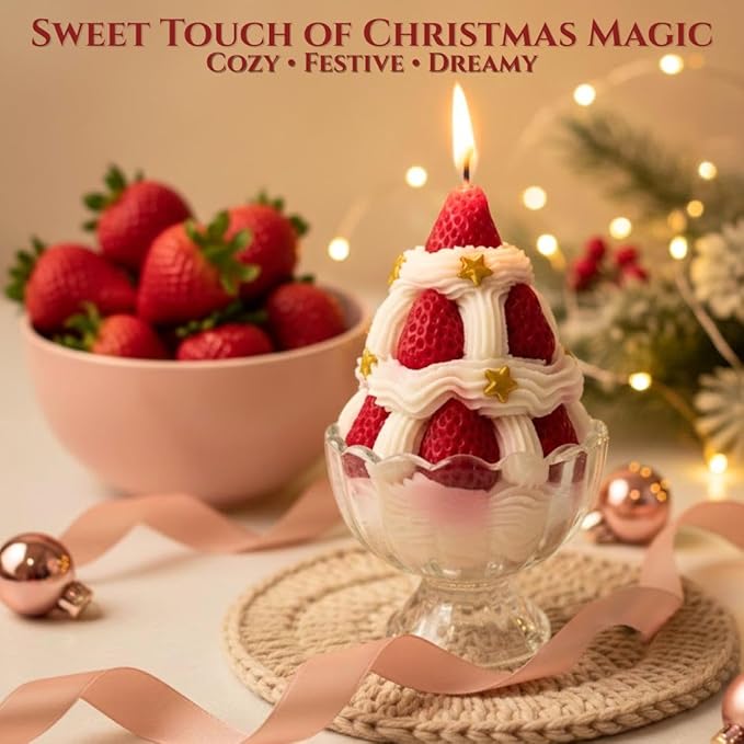 Sweet Strawberry Dessert Candle – Novelty Scented Candle, Strawberry Ice Cream Design, Strawberry & Marshmallow Scent, 220g / 7.76oz, Festive Christmas Candle with Premium Gift Box