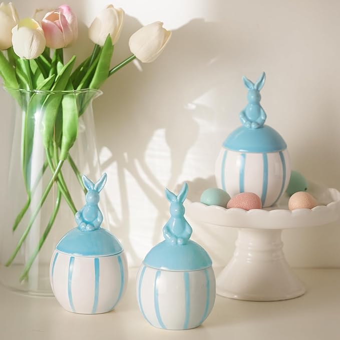 Easter Bunny Candle with Egg Jar and Lid, Easter Decorations Cute Rabbit Aromatherapy, Ceramic Egg Candles for Spring Home Decor, Long Buring Decorative Candle Friends Gifts for Women, Blue