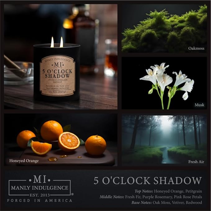 Manly Indulgence 5 O'Clock Shadow Scented Candle for Men 16.5 oz | 2 Wick & 2X Intense Fragrance | Oakmoss, Musk & Fresh Air | Up to 60 Hour Burn, Soy Blend Wax, USA Poured, Black