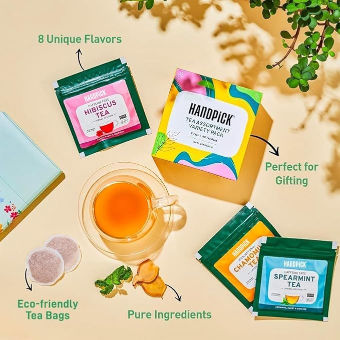 HANDPICK, Tea Bags Sampler Assortment Variety pack Gift Box 8 Flavors, 40 Tea Bags - Perfect Variety | English Breakfast, Green, Black, Herbal & More | Gifts for Him/Her | Sampler, Assortment, Variety pack, Gift Box