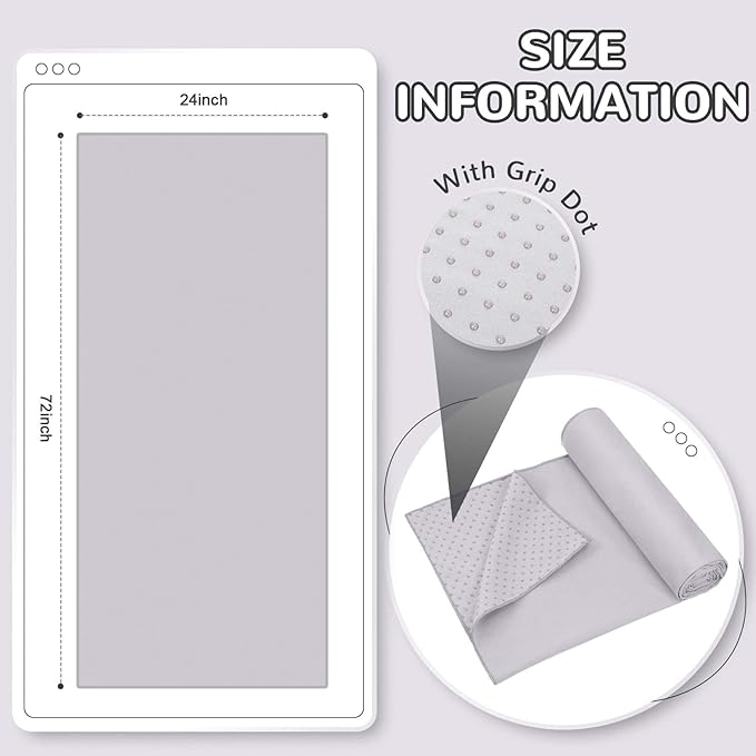 Peryiter 2pack 72 x 24'' Hot Yoga Towel Pack with Grip Dot, Sticky Fiber Mat Towels Non Slip for Hot Yoga, Absorbent Microfiber Sweat Anti-Slip Cover for Pilates Exercise Fitness Workout(Light Grey)