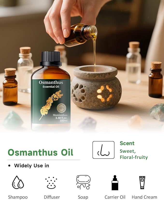 Osmanthus Essential Oil, Pure Osmanthus Oil Mumianhua Natural Floral Oil for Bedroom & Garden Protection, Aromatherapy for Evening Luxury, Outdoor Elegance, Skin Care & Home Diffuser 3.38 Fl Oz