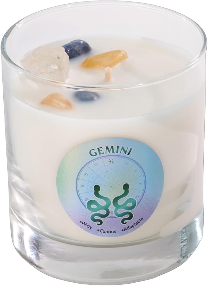 Luxury Glass Jar Candle, Gemini Zodiac Sign, 8.8 oz - Crystal Infused - Scents of Ozone, Jasmine, Moss & Wood - Made in USA, Hand Poured, Coconut-Soy Wax, Essential Oils, Dr. Developed