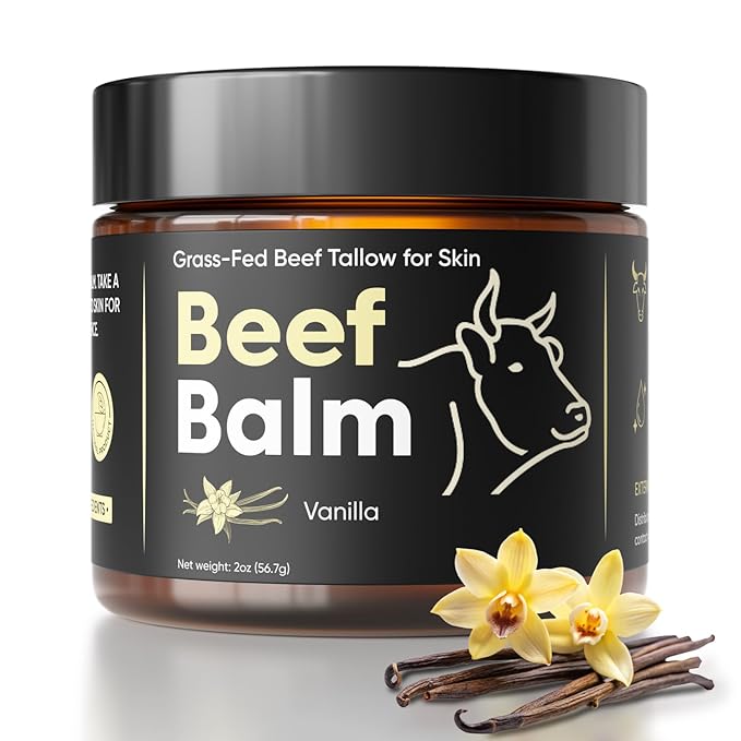 Beef Tallow for Skin – Grass-Fed Tallow Balm, Face & Body Cream, Natural Tallow Lotion for Dry Skin, Anti-Aging, Vanilla Scented (2oz)