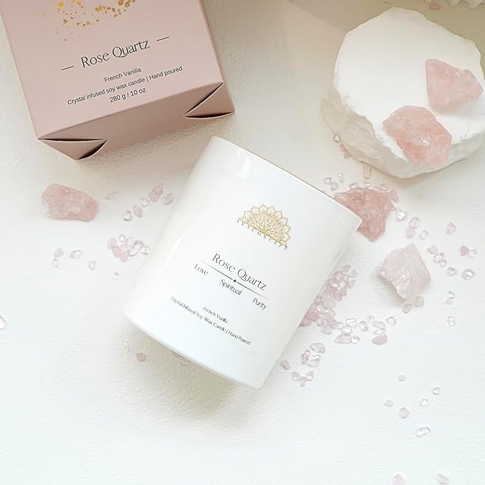 ‎ava concept - Crystal Candle Rose - Quartz French Vanilla Scented - Soy Candles - Home Decor Aromatherapy - Glass Jar Birthday, Wedding Gift Set for Women 10 oz