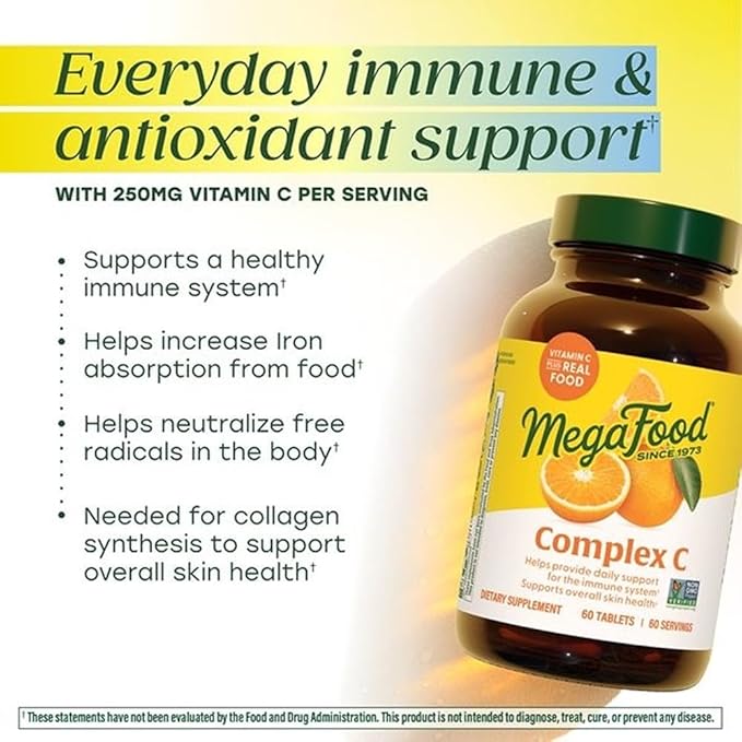 MegaFood Complex C - Vegan Vitamin C Immune Support Supplement, Vitamin C Supplement Made with Real Food Including Orange, Cranberry & Brown Rice, Gluten-Free - 90 Tablets, 90 Servings