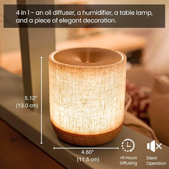 Essential Oil Diffuser 200ml with Fabric Cover and Night Lamp | Ultrasonic Aroma Diffuser | Humidifier w Lights | Room Decor | Small Humidifier for Bedroom | Gift (Light Brown)