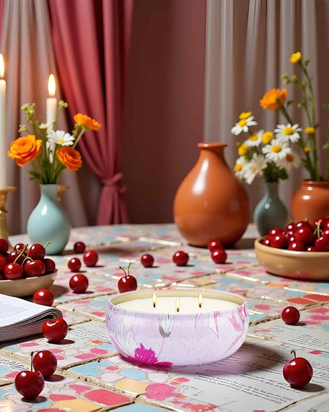 M&SENSE Cherry Blossom Scented Candles, Large 3 Wick Soy Tin Candle, Over 40 Hour Burning Time, 100% Natural Vegan Wax, Relaxing Aromatherapy Aesthetic Candle Gift for Women and Men