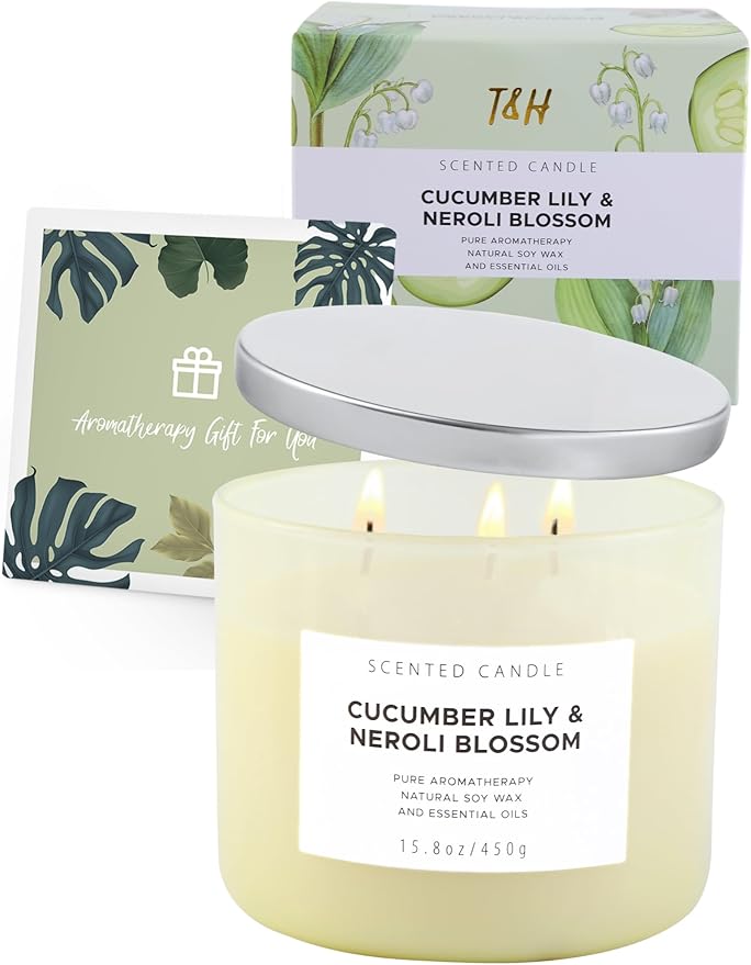 Cucumber Lily & Neroli Orange Blossom 3-Wick Soy Scented Candle, 15.8 oz | Spa Fresh Aromatherapy Candle | Large Scented Candle for Home, Long Lasting & Clean Burning