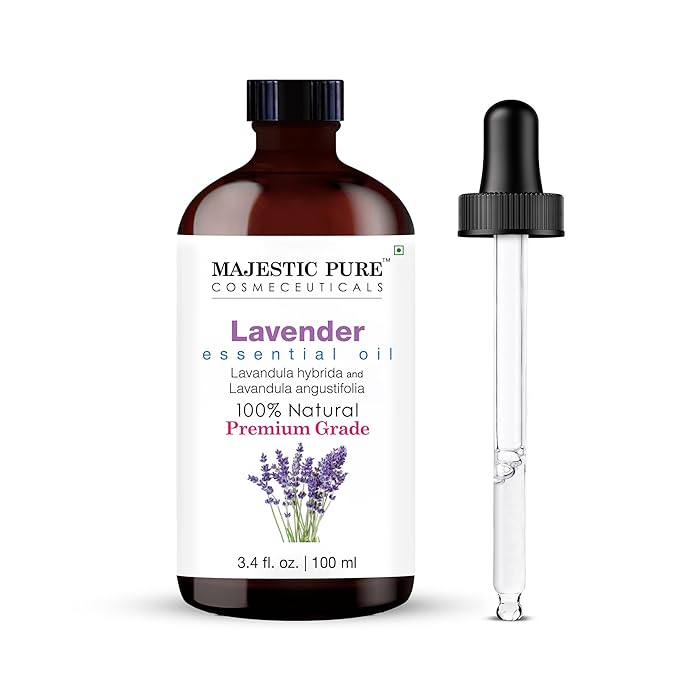 Majestic Pure Essential Oil with Glass Dropper - 100% Pure and Natural - Essential Oils for Diffuser, Aromatherapy, Soap and Candle Making, Lavender Essential Oil, Lavender Oil, 3.4 Fl Oz