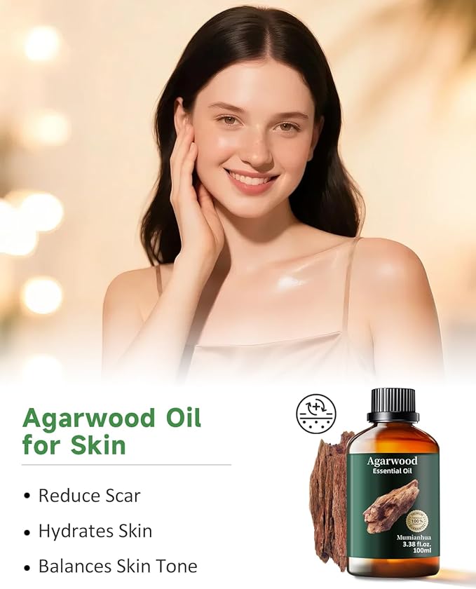 Agarwood Essential Oil, Mumianhua Natural Aromatherapy Agarwood Oil for Aromatherapy, Diffuser, Spray, Skin, Hair Care, Massage, Soap, Candle Making, Perfume 3.38 Fl Oz