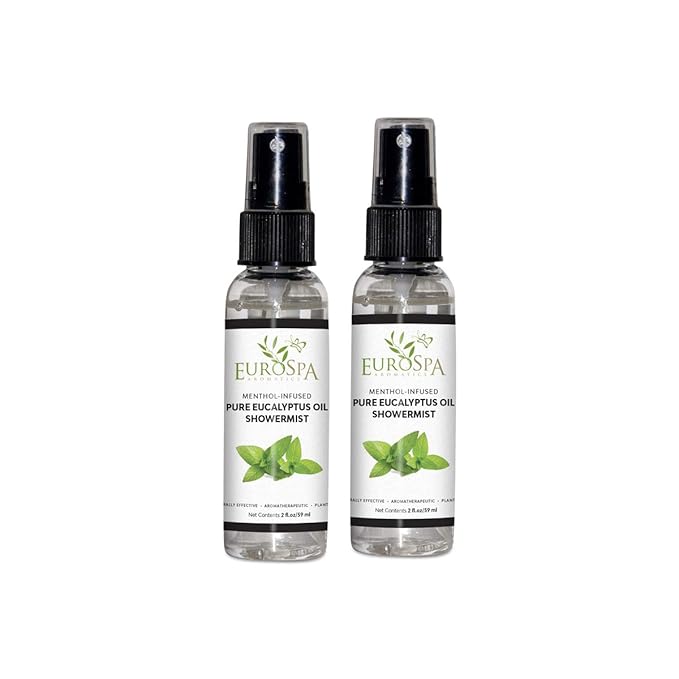 EuroSpa Aromatics Pure Eucalyptus Oil ShowerMist and Steam Room Spray, All-Natural Premium Aromatherapy Essential Oils - Menthol Infused, 2oz, 2 Pack
