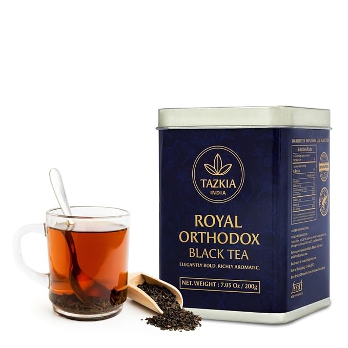 Tazkia Royal Orthodox Black Tea Loose Leaf – Premium Indian Black Tea, Rich Aroma & Bold Flavor, Freshly Harvested Whole Leaf Tea, Elegant Tin Pack, 7.05 oz