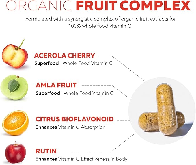 Organic Vitamin C | Whole Food Vitamin C from Fruit Plus Absorption Enhancing Cofactors - Vegan, Enhanced Bioavailability - Immune Support, Antioxidant, Total Health (90 Servings)