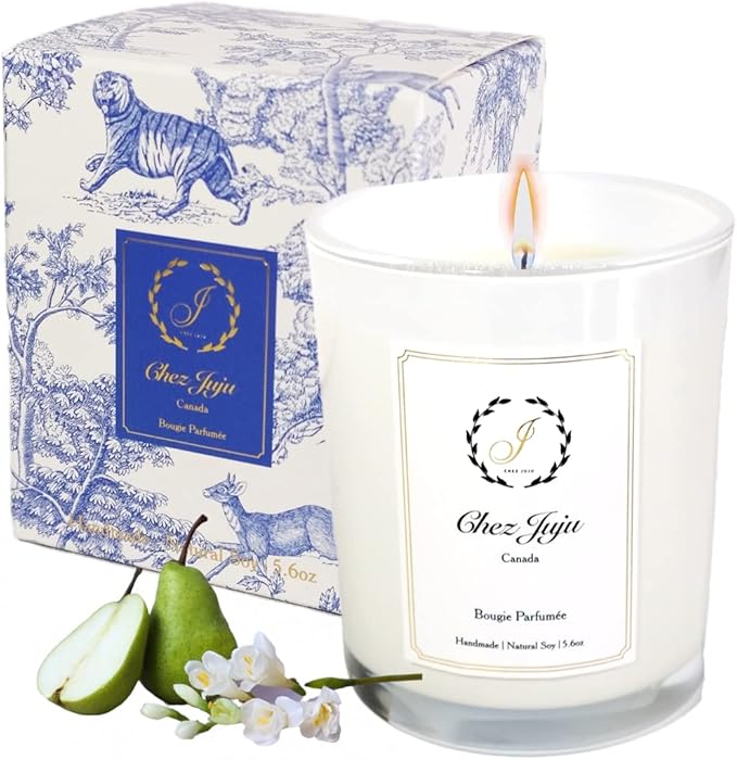 Natural Soy Wax Candle | English Pear, Freesia & Amber | Luxurious Scented Candle Fragrance Aromatherapy | Clean Burning | Handcrafted | Plant-Based Vegan Eco Friendly | Pure Essential Oil