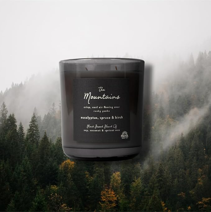 PACHA SOAP Co. Origins & Elements Candle Collection, The Mountains, 12 oz - Scents of Eucalyptus, Birch & Spruce - Clean Burning, Soy, Coconut & Apricot Wax, Lead-Free Wick, Cruelty-Free, Recyclable