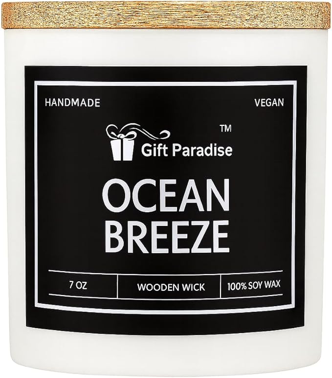 Gift Paradise® Premium Scented Candle – Ocean Breeze | 7 oz Vegan Non-Toxic Soy Wax with Wooden Wick | Clean Fresh Coastal Aroma | Long-Lasting Luxury Candle for Home & Bathroom Décor