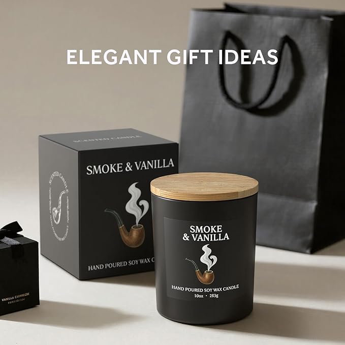 NORVENCE Candles for Men, Smoke ＆ Vanilla Scented Candle Gifts for Men and Women, 10oz Soy Candles with Bamboo Lid for Home Scented, Birthday Gifts for Men