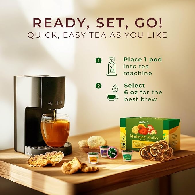 Gya Tea Co Mushroom Medly Tea Pod Collection Gift Set (16 Count) - Different Flavors Assorted Variety Pack