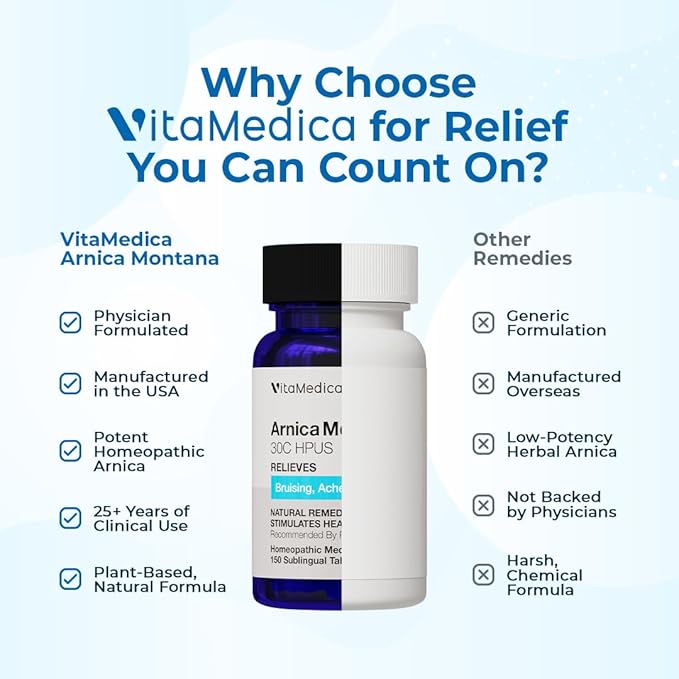 VitaMedica Arnica Montana 30C Rapid Dissolve Tablets for Natural Pain, Bruising, and Swelling Support - Homeopathic Medicine for Injury and Surgery Recovery - 150 Ct - 50 Servings