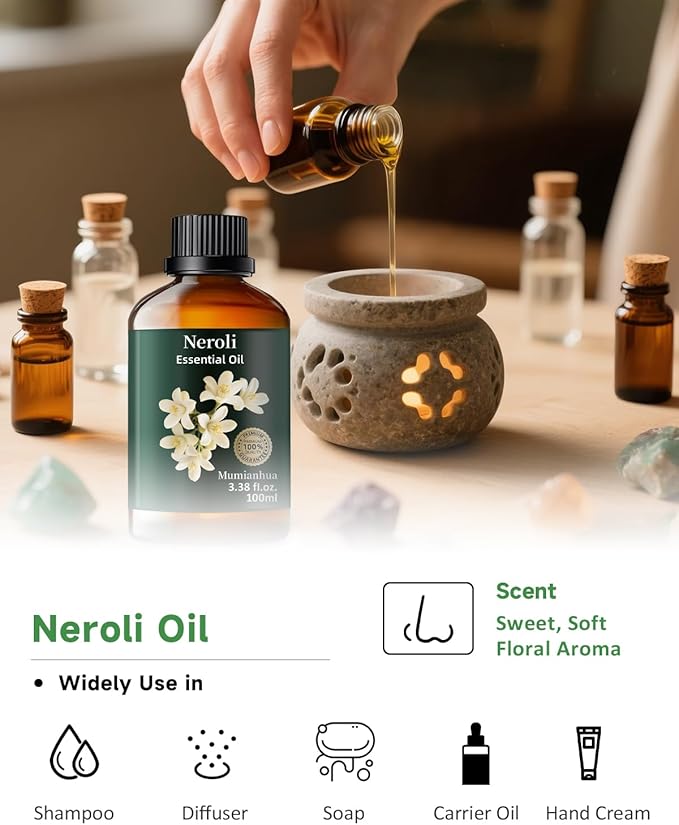 Neroli Essential Oil, Pure Neroli Oil Mumianhua Natural Orange Blossom Oil for Diffuser, Room Spray, Perfume & Women's Cologne | Citrus Floral for Aromatherapy, Candle & Soap Making 3.38 Fl Oz