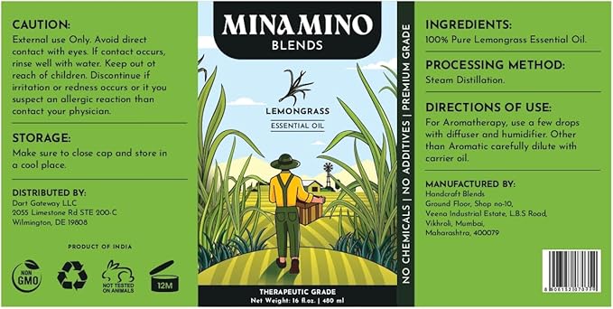 16 fl oz - Lemongrass Essential Oil (100% Pure & Natural) Large Aluminum Bottle for Aromatherapy, Diffuser, Candle & Soap Making - Minamino Blends