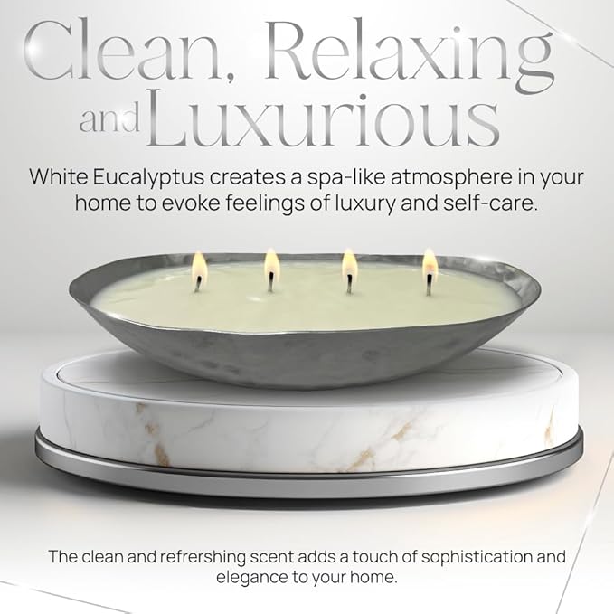 Dough Bowl Candle Co. Luxury Candle - Scented Luxury Candles for Home, 12x5x2 Inch Vessel for Women and Men, Fancy 4 Wick for All Occasions (Silver, White Eucalyptus)